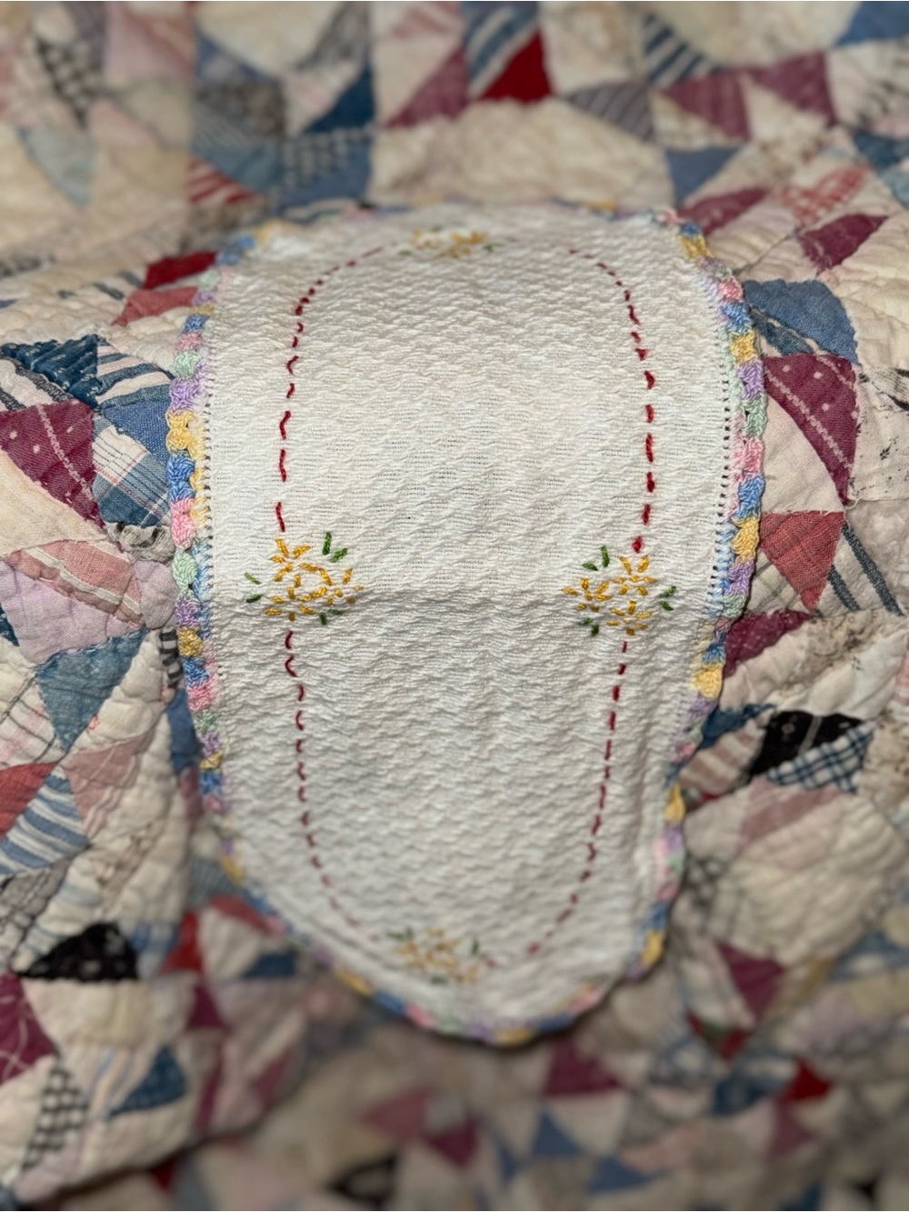 Handmade Embroidered White Doily Accent with Pastel Trim